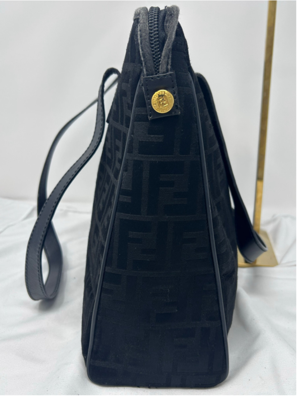 Fendi Black Zucca Monogram Canvas Leather Zip Shoulder Tote Bag - Picture 6 of 16